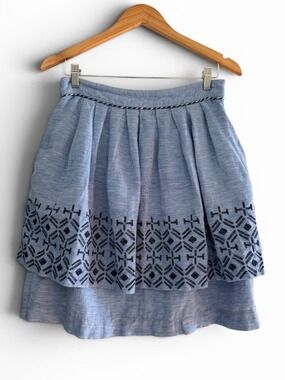 Odille Blue Linen Blend Embroidered Skirt Cottagecore Boho